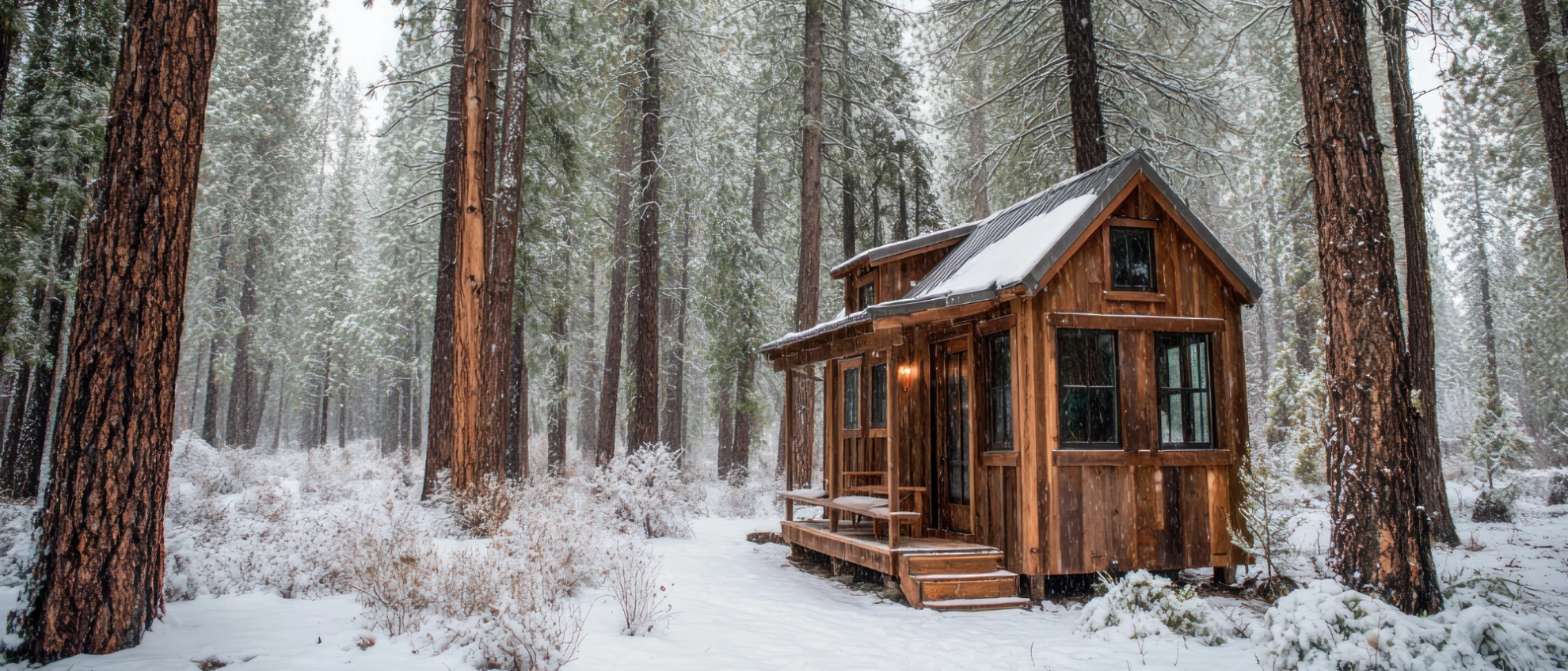 Winter-Retreat im Wald – Tiny Cabin im Schnee Kleines Holzhaus mitten im verschneiten Wald mit hohen Nadelbäumen